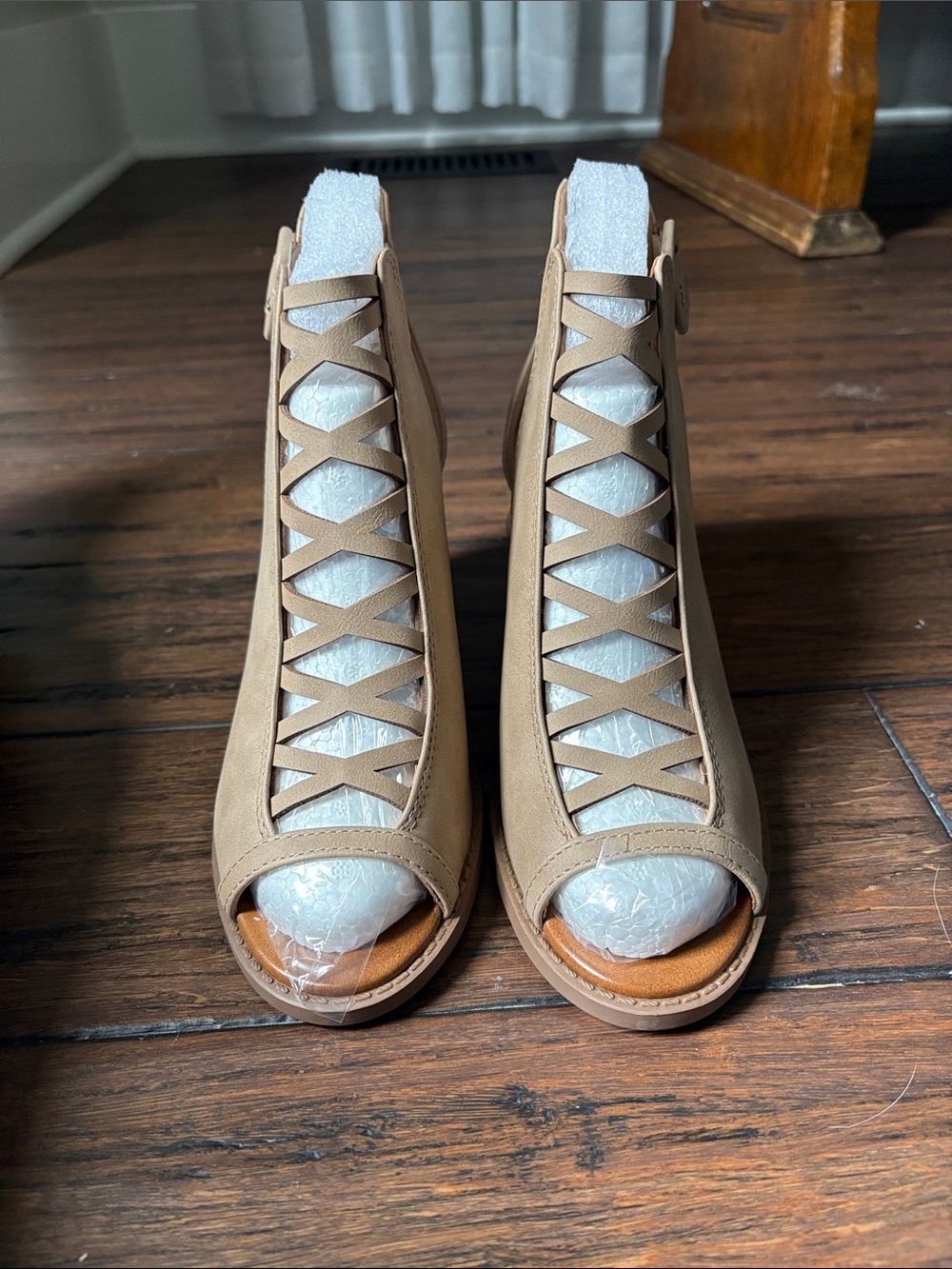 Women's Tan Peep-Toe Lace-Up Booties - Tan
